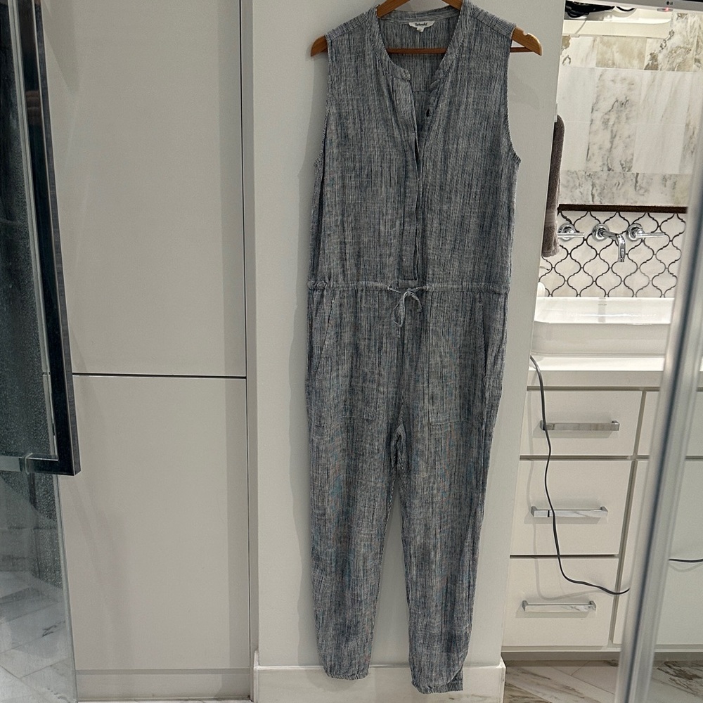Sleeveless Blue Jumpsuit, size L with drawstring waist